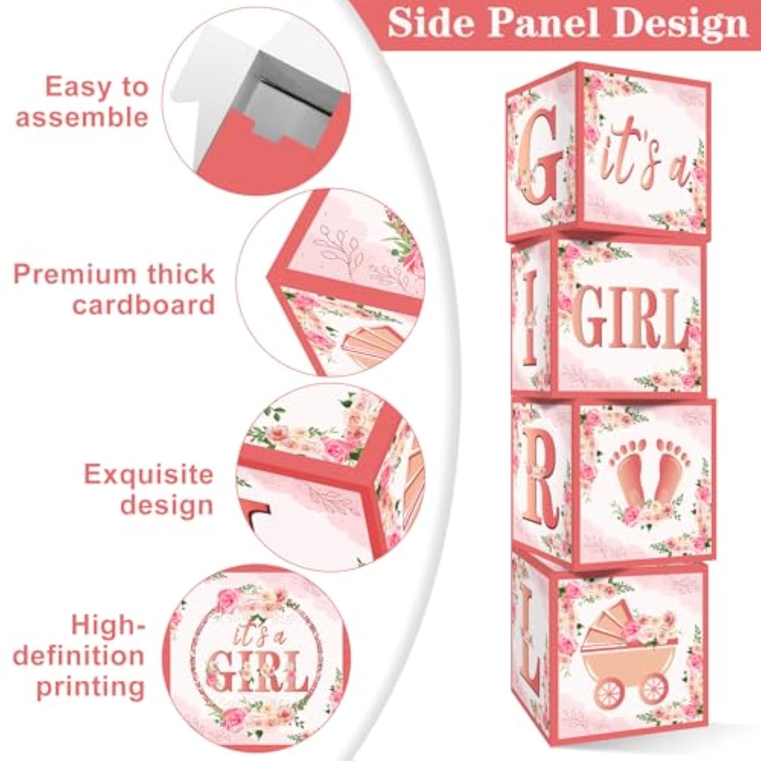 4Pcs Pink Rose Gold Baby Shower Decorations Balloon Boxes For Girls, Floral It'S A Girl Gender Reveal Baby Blocks Boxes Party Supplies, Baby Girl Pregnancy Announcement Cardboard Box Decor