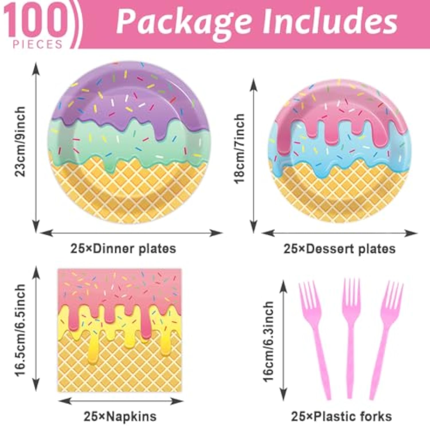 100Pcs Ice Cream Birthday Party Supplies Pink Sweet Ice Cream Paper Plates Napkins Fork Set Disposable Fairy Ice Cream Tableware Decorations For Girls Baby Shower Dinner Serves 25