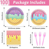 100Pcs Ice Cream Birthday Party Supplies Pink Sweet Ice Cream Paper Plates Napkins Fork Set Disposable Fairy Ice Cream Tableware Decorations For Girls Baby Shower Dinner Serves 25