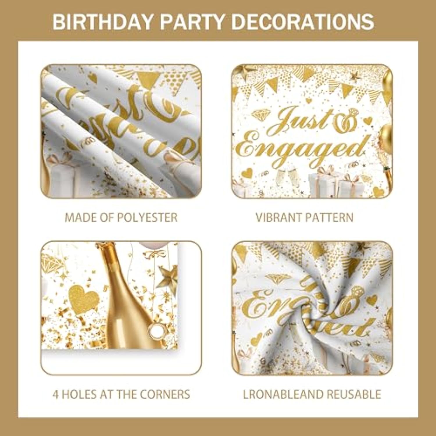 Engagement Party Decor White and Gold Balloon Arch with Just Engaged Backdrop