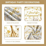 Engagement Party Decor White and Gold Balloon Arch with Just Engaged Backdrop