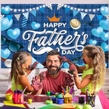 Father's Day Backdrop, Happy Fathers Day Decorations Blue Plaid Dad Party Banner Background with Crown Mustache Glasses Tie Hat for Fathers Day Photo Booth, 71 x 43 Inch