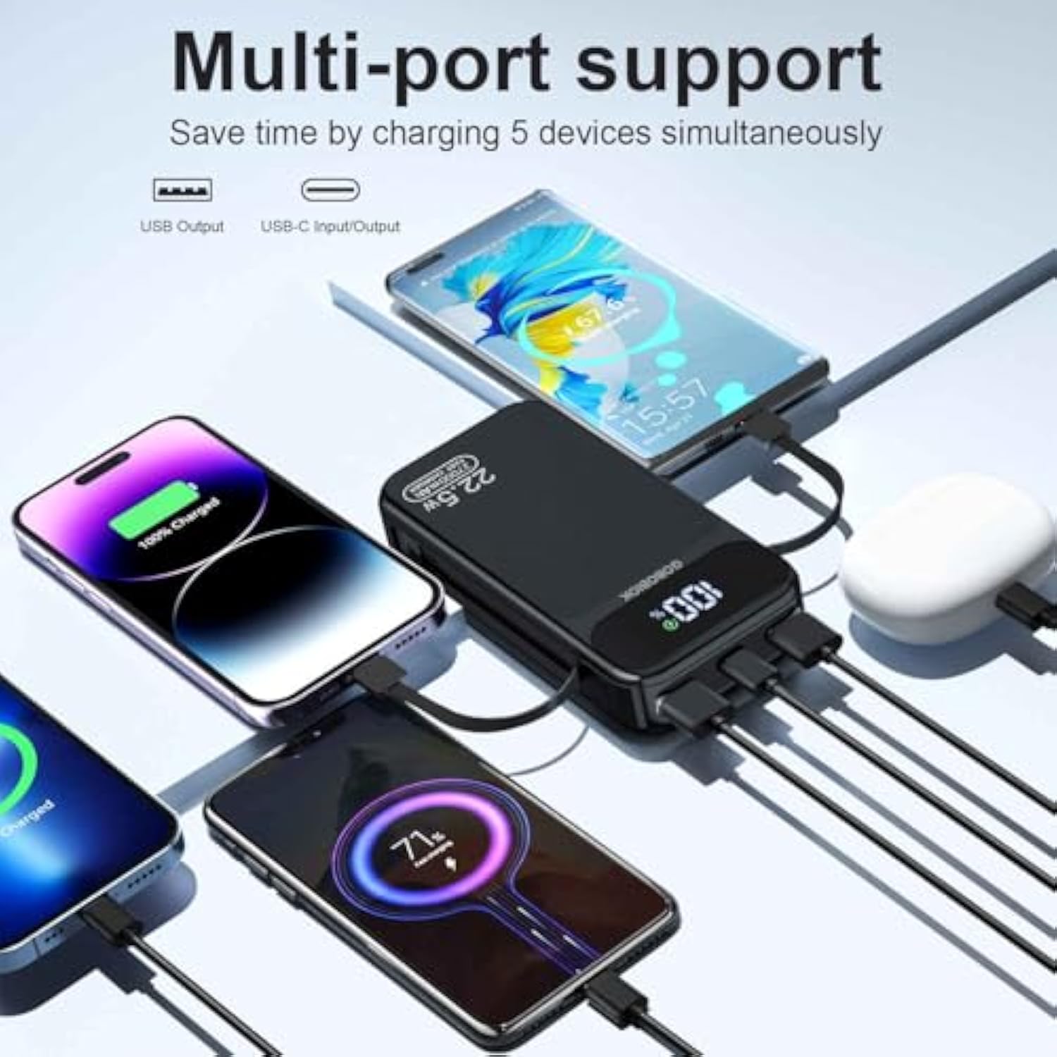 Power Bank 27000Mah Fast Charging Built-In 2 Cables, 22.5W Portable Charger, Portable Usb C Power Bank Battery Pack With Lcd Display Powerbank For Smartphones Tablets And More