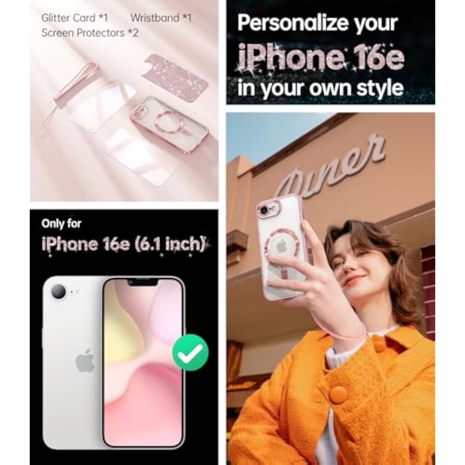 Designed For 16E Case 6.1", [Compatible With Magsafe] [Glitter Card & Wrist Strap] [2X Screen Protectors] Surround Raised Lens Protection Designed For Se 4 Case, Rose Gold