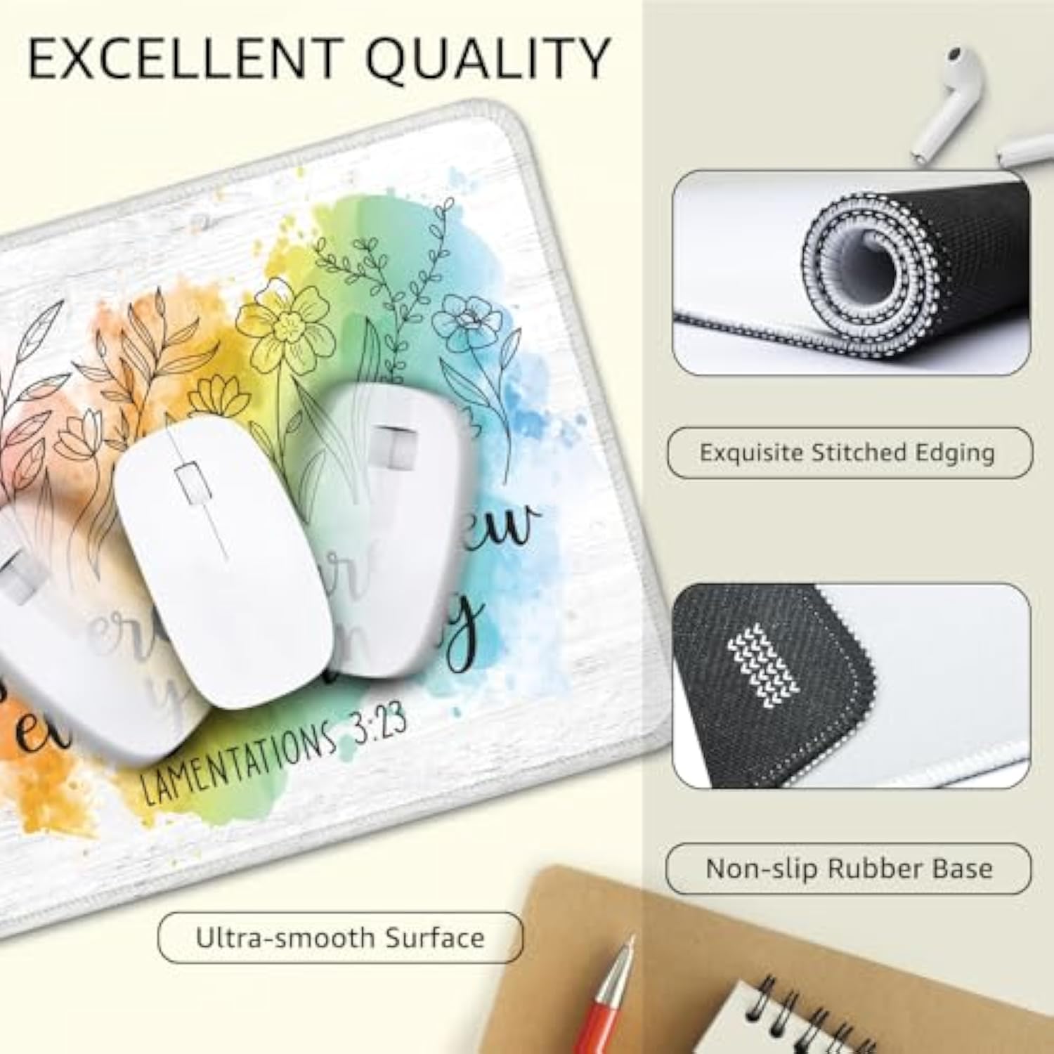 His Mercies Are New Every Morning Non-Slip Mouse Pad, Funny Watercolors Floral Gifts For Christian Employees, Inspirational Christian Art Gifts, Encouragement Gifts, Bible Verse Matthew