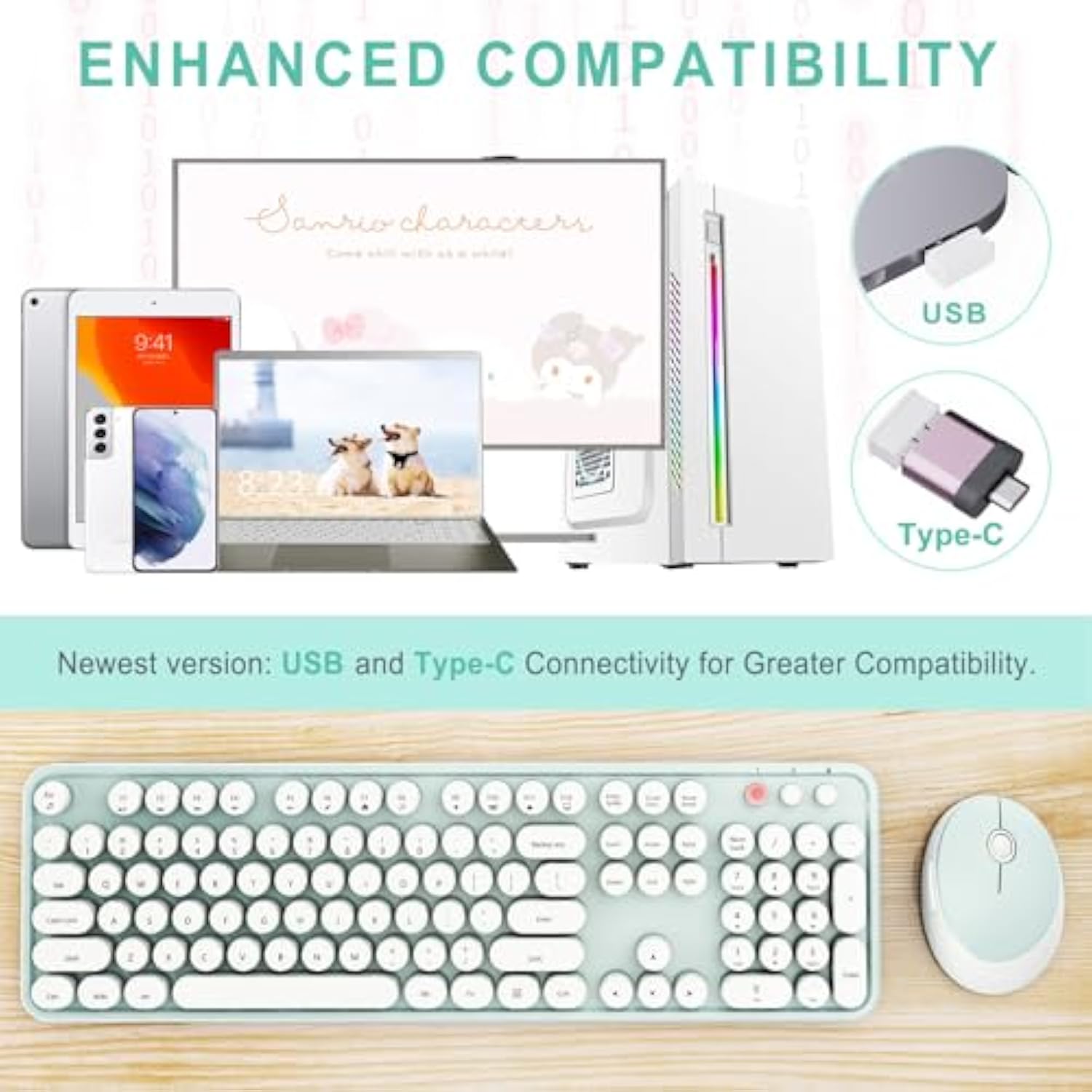 Wireless Keyboard And Mouse Combo, Ergonomic Full Size Typewriter Retro Round Keycaps Keyboard, Compatible With Windows, Pc, Perfer For Home And Office Keyboards?Green?