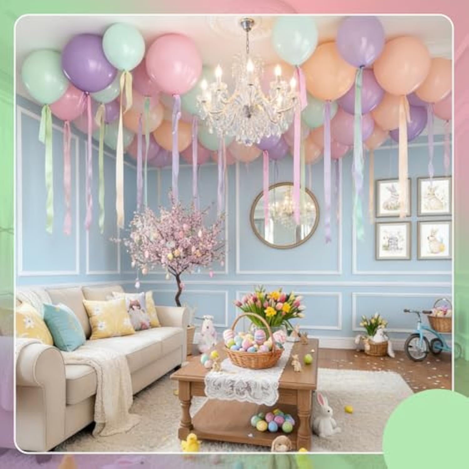 100 Pack Easter Decorations Pastel Balloons 12 Inch Macaron Balloons With Satin Ribbon Round Rainbow Latex Balloon For Easter Birthday Spring Wedding Bridal Shower Ceiling Party Decorations