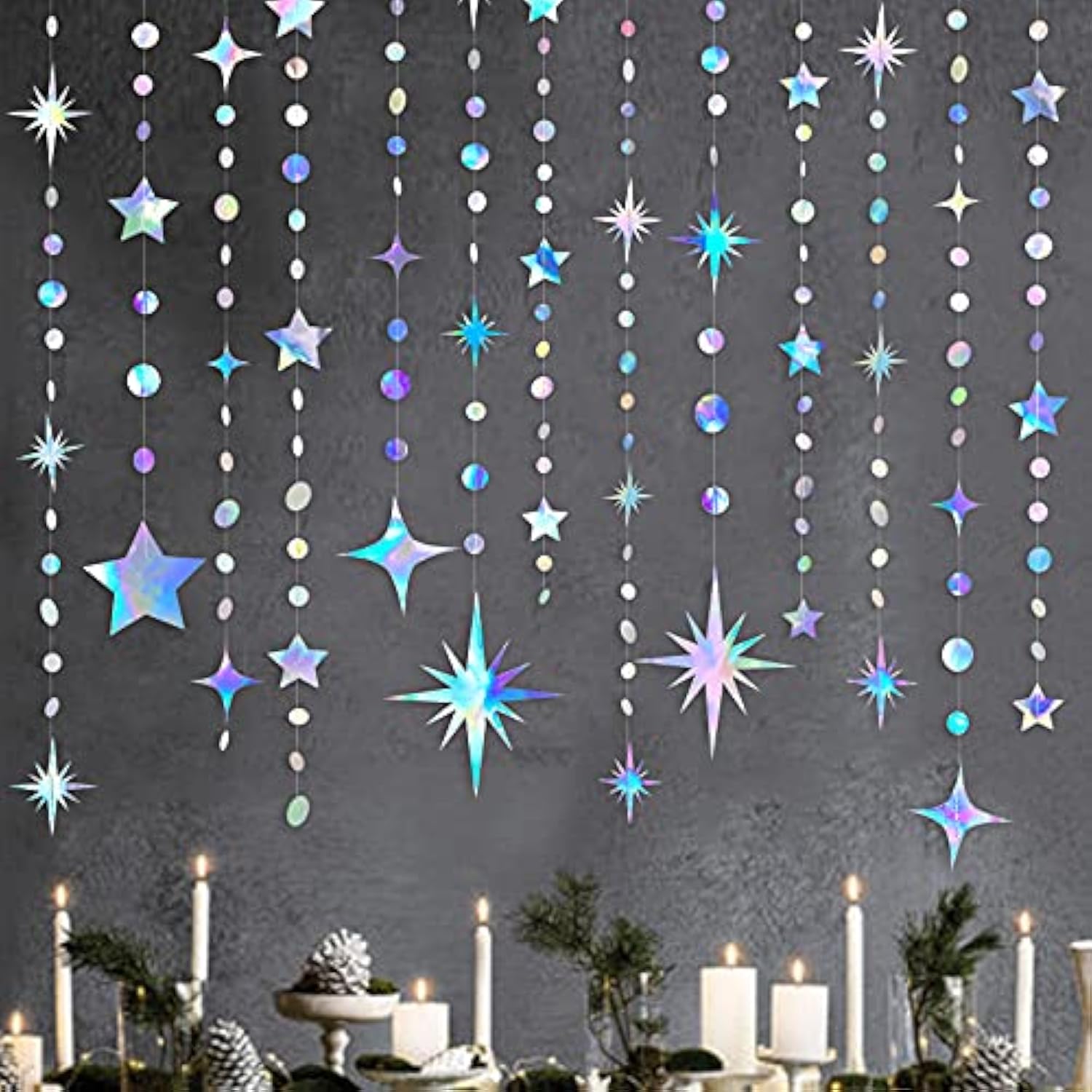 Iridescent Star & Circle Garland Metallic Twinkle Streamers for Birthdays