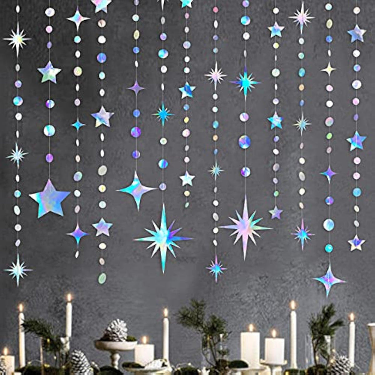 Iridescent Star & Circle Garland Metallic Twinkle Streamers for Birthdays