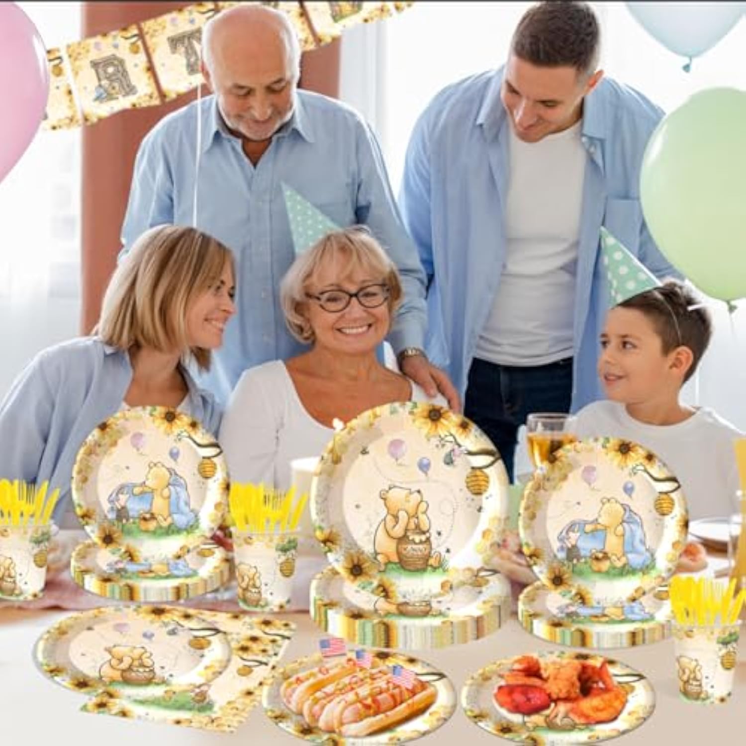 142Pcs Classic Bear Baby Shower Decorations Baby Shower Party Tableware With Plates, Napkin, Forks, Cups Banner And Tablecloth For Birthday Party Supplies Set Serves 20 Guests (Yellow)