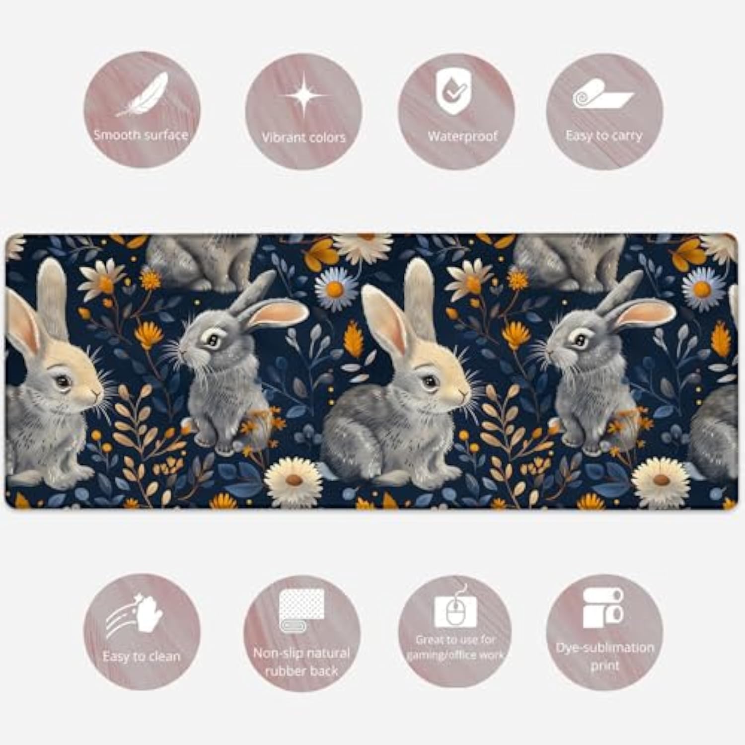 Charming Rabbit Gaming Mouse Pad, Large Cute Bunny & Floral Desk Mat For Keyboard Laptop Computer, Non-Slip Rubber Base Desktop Extended Mousepad For Office Home Accessories 31.5"×11.8"