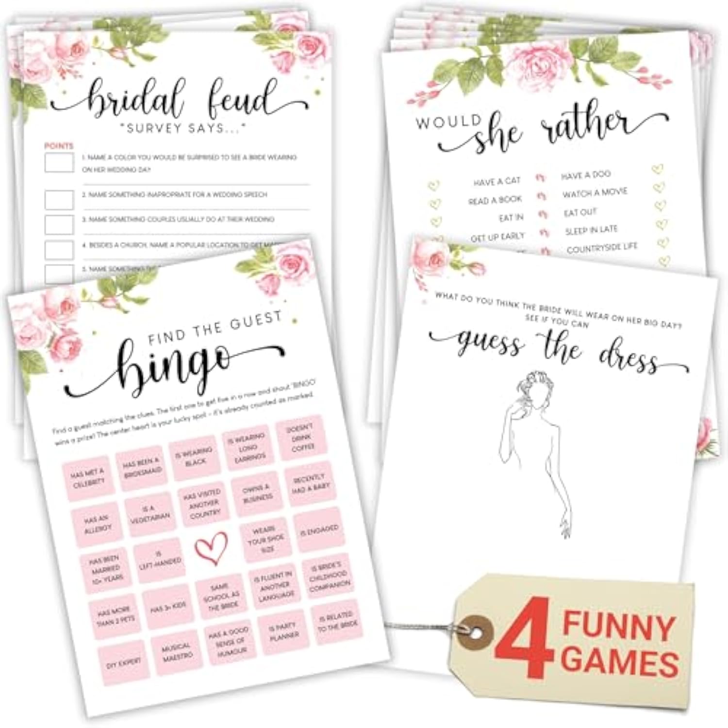 Hilarious Bridal Shower Games 25 Guests - Set Of 4 Wedding Shower Games For Reception, Fun Guess The Dress Bingo Game, Bridal Party Game For Bridal Shower Decorations (5"X7")
