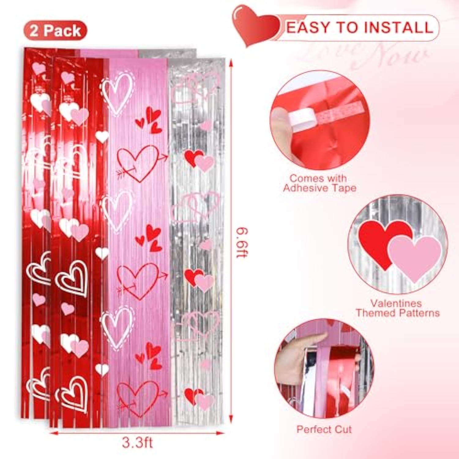 Foil Fringe Curtains Backdrop Valentines Party Decorations, 2 Pack 3.3 X 6.6 Ft Red Pink Silver Tinsel Valentines Day Backdrop, Valentine Photo Backdrops Galentines Day Decor Wedding Party Decor