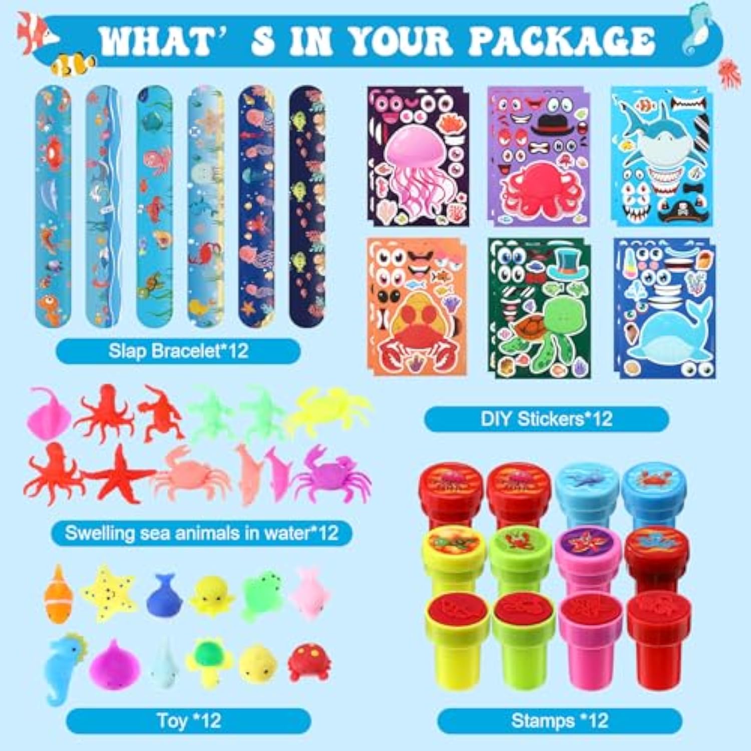 156 Pcs Under The Sea Party Favors Ocean Themed Gifts Bulk Sea Animal Stickers Squeeze Slap Bracelet Stampers Piñata Stuffers For School Classroom Prizes Birthday Goodie Bag Fillers