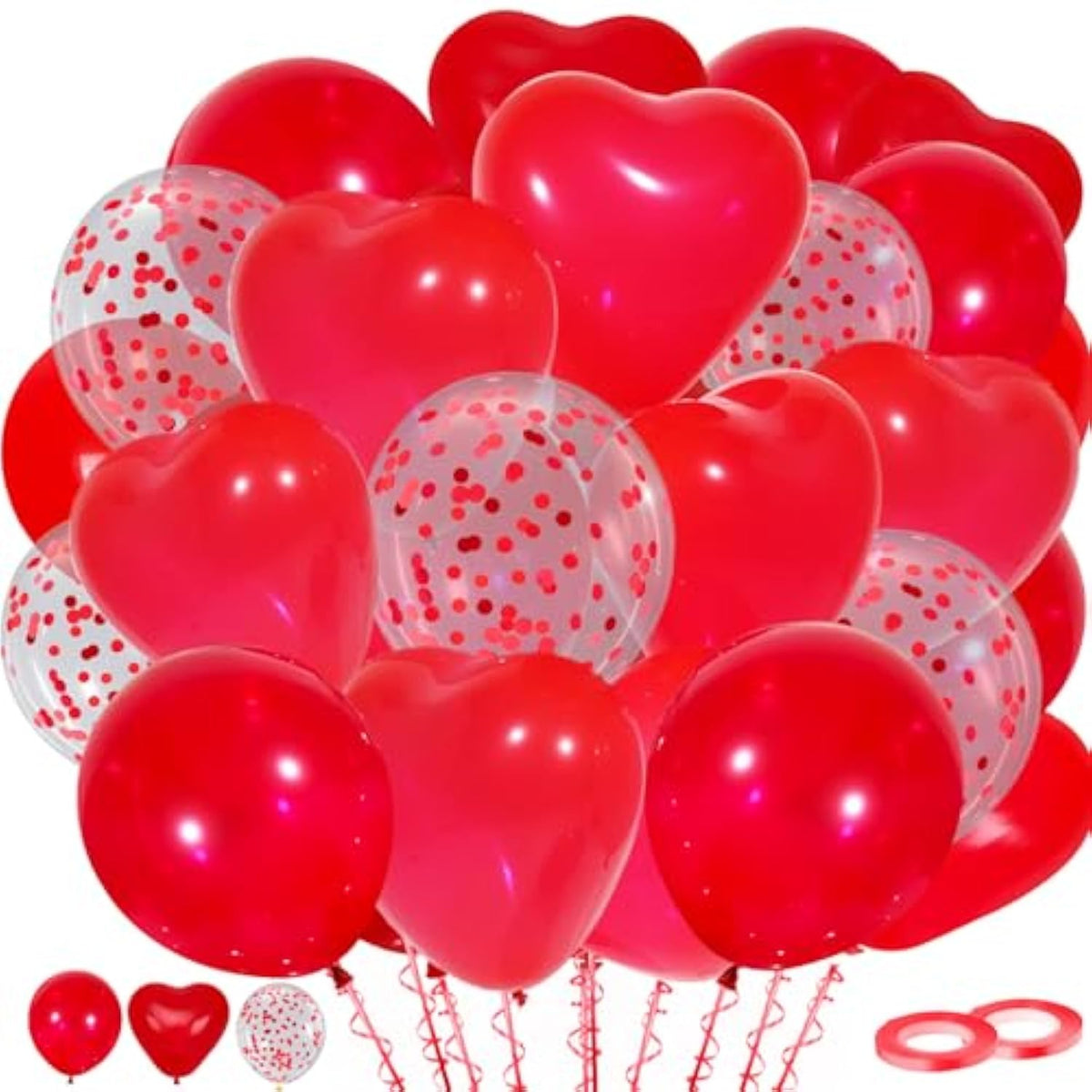 Red Balloons, 60 Pack Latex Heart And Confetti Balloons Wiht Red Ribbon For Birthday Graduation Baby Shower Valentines Christmas Wedding Party Decorations