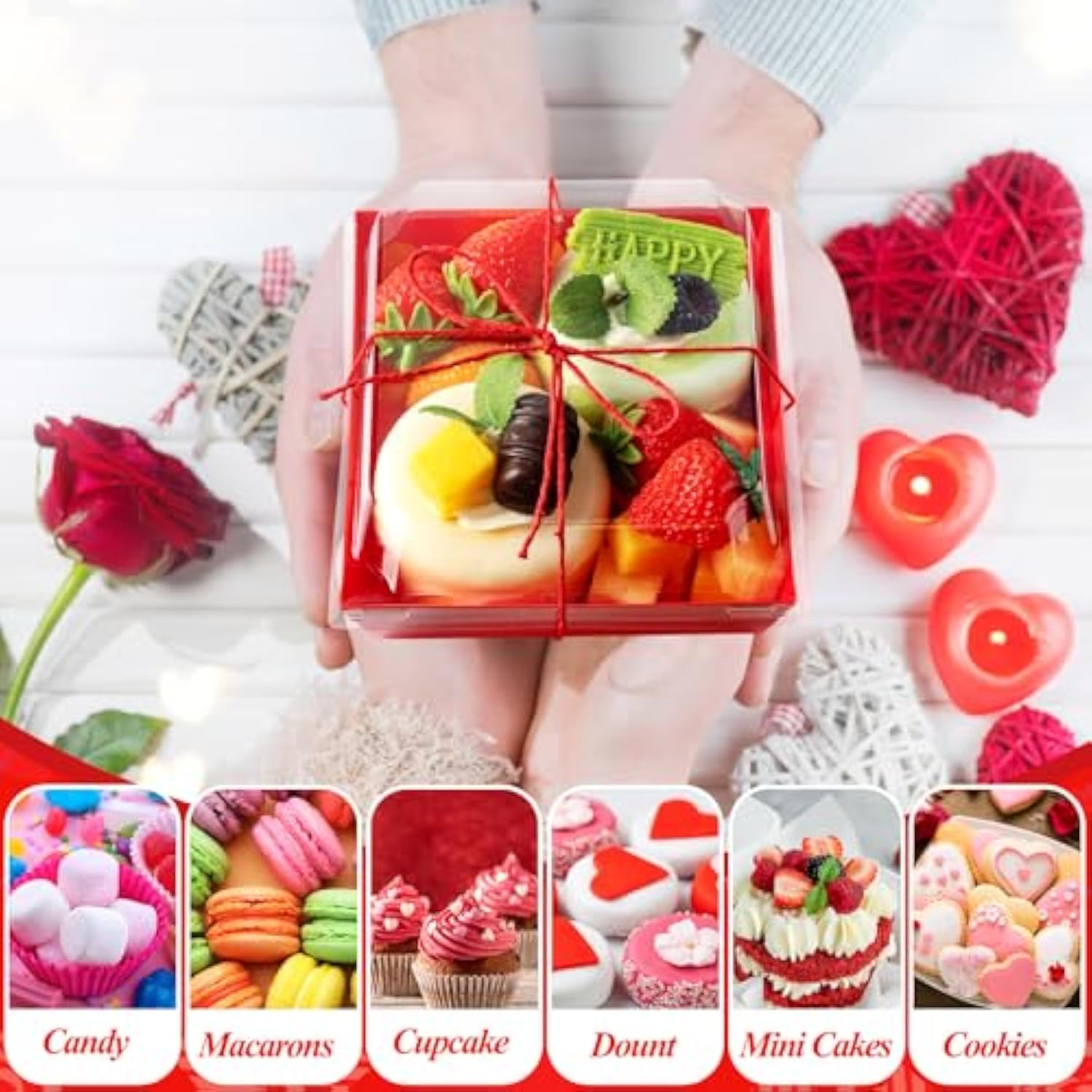 50 Pcs Charcuterie Boxes With Clear Lids 5'' Disposable Square Dessert Boxes Paper Food Box Bakery Containers For Party Cake Cookie Sandwich (Red)