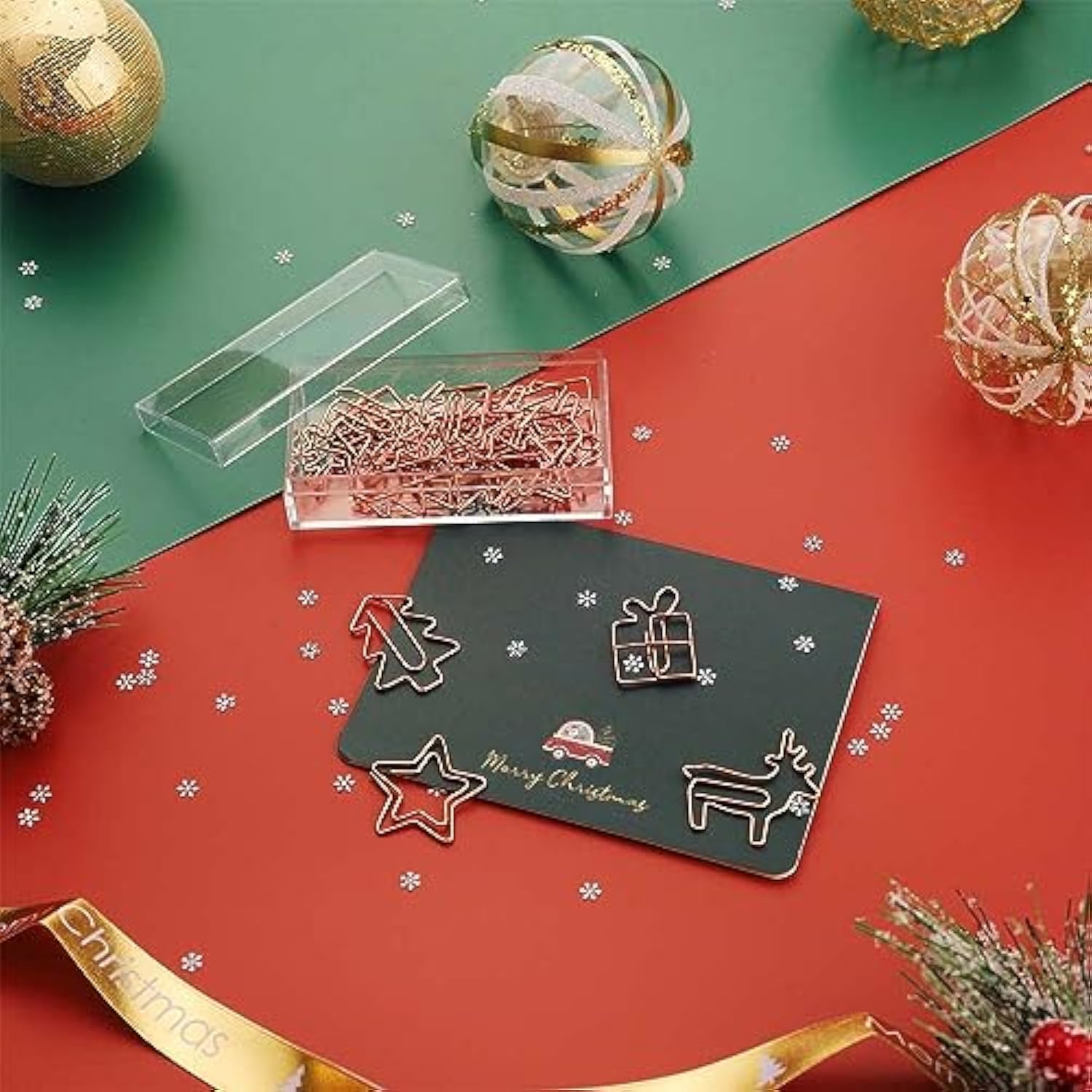 Christmas 32Pcs Cute Paper Clips, Rose Gold, Tree Gift Star Deer Shape, Funny Paperclips Bookmarks Planner Clips For Fun Office Supplies School Gifts Wedding Decoration, Exclusive Xmas Set