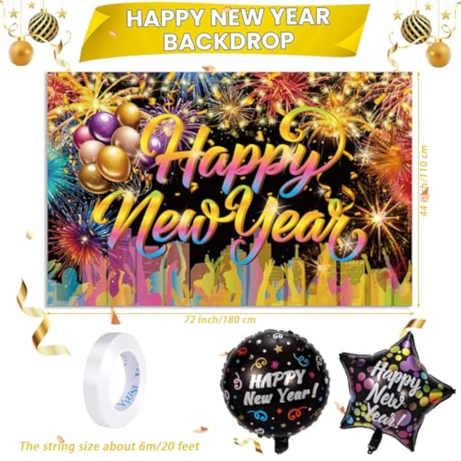 XL Happy New Year 2026 Banner Backdrop Party Supplies