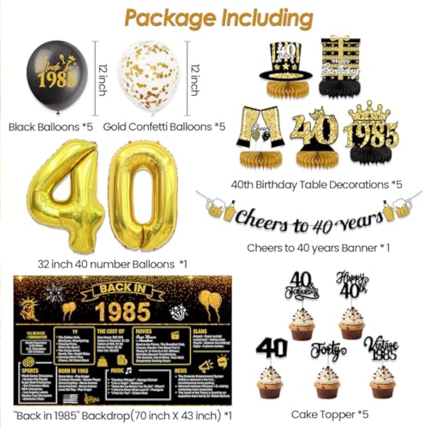 40th Birthday Decorations for Men, Banner, 1985 Backdrop & Balloons for 40th Party