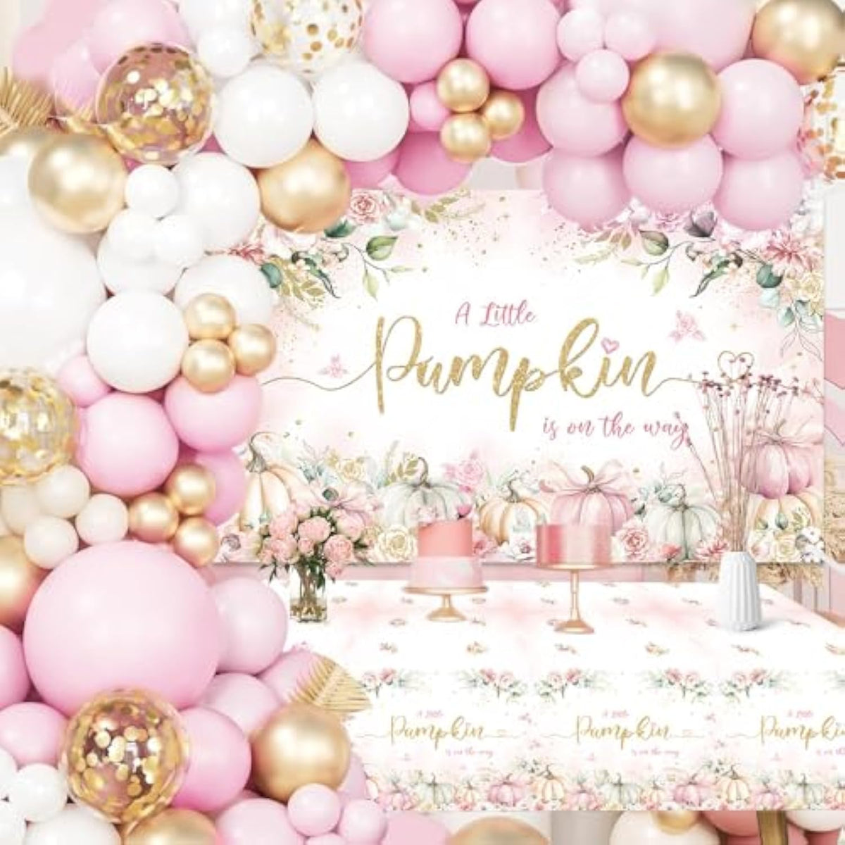 Fall Pumpkin Baby Shower Balloon Arch Kit: Pink, Gold & White Decor