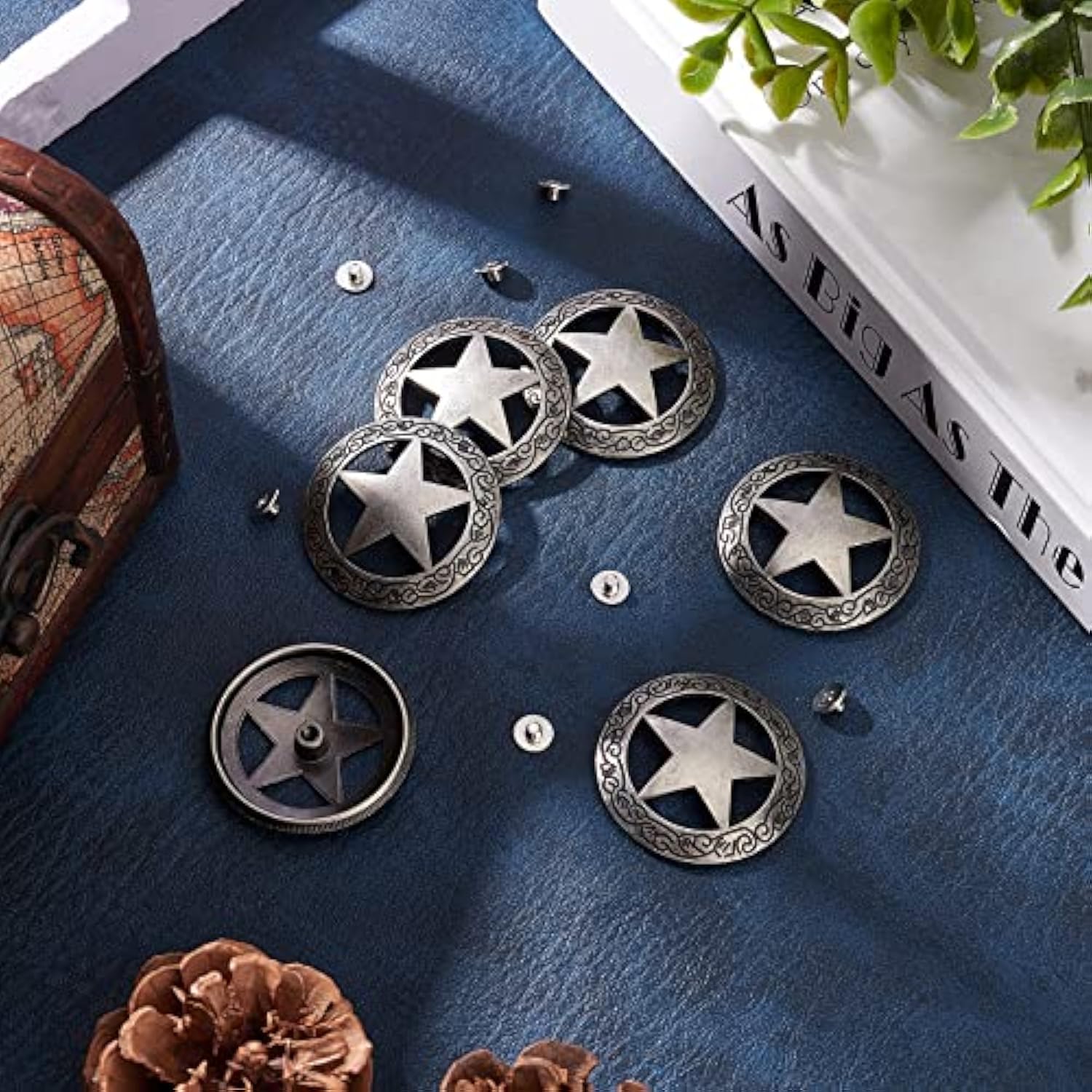 1 Box 6 Sets Screw Back Button Engraved Star Concho Hollow Out Decorat