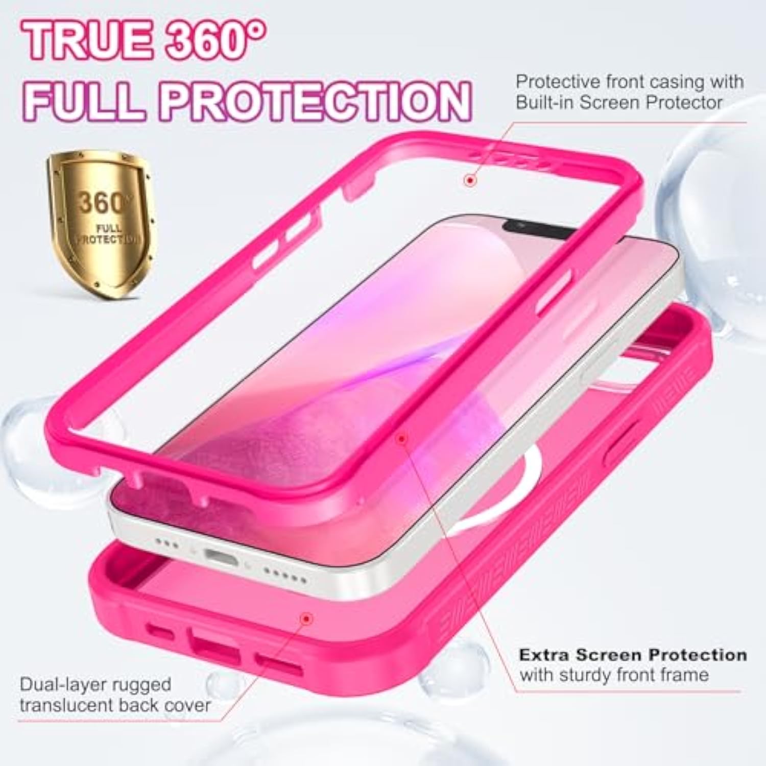 Magnetic For Iphone 16E Case Built In Screen Protector [Compatible With Magsafe] Military-Grade Protection Full Body Shockproof Slim Translucent Matte Women Girls Men, Hot Pink