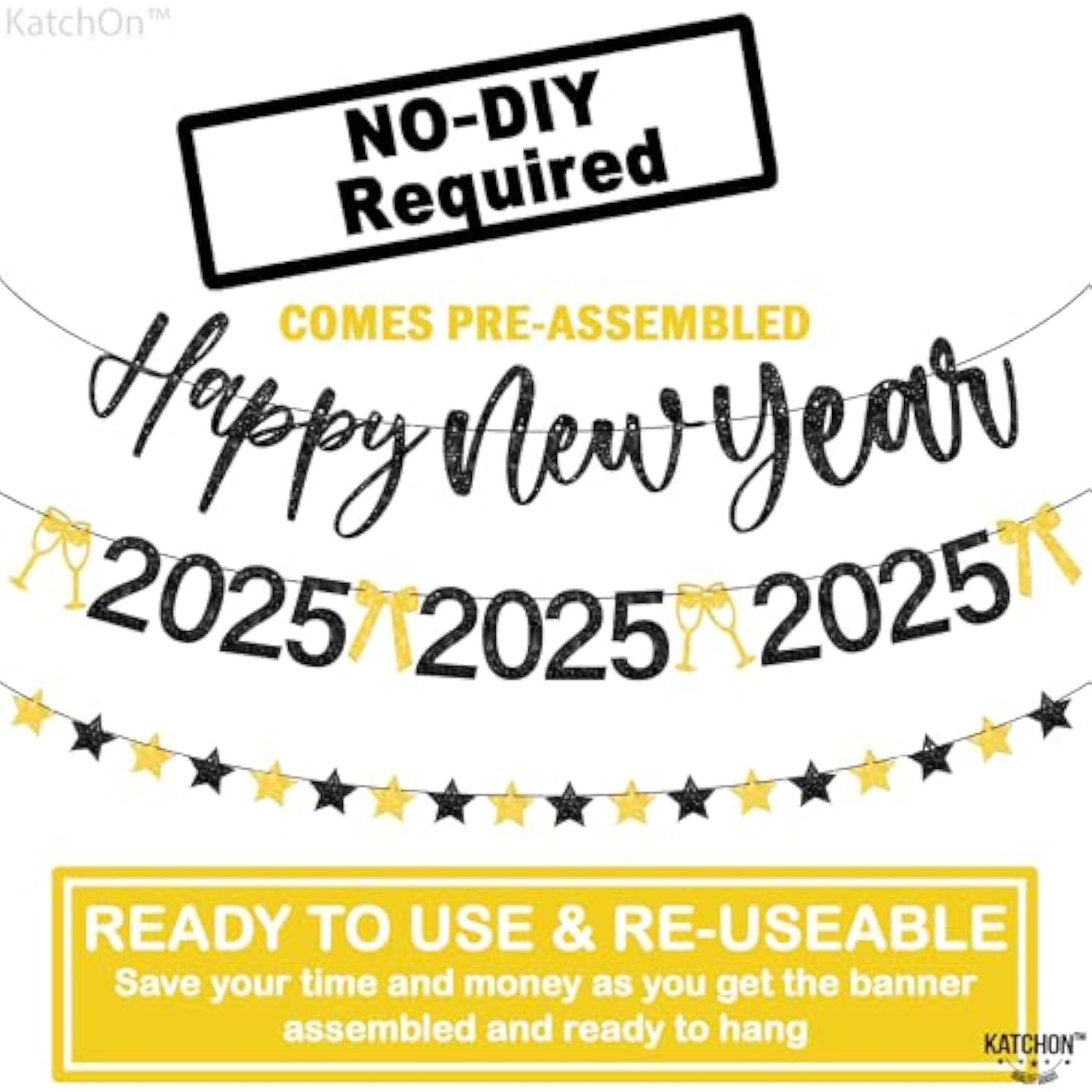 Glitter Happy New Year Banner - 10 Feet, 3 Strings, No Diy | Black And Gold 2025 Sign | New Years Eve Party Supplies And Decorations