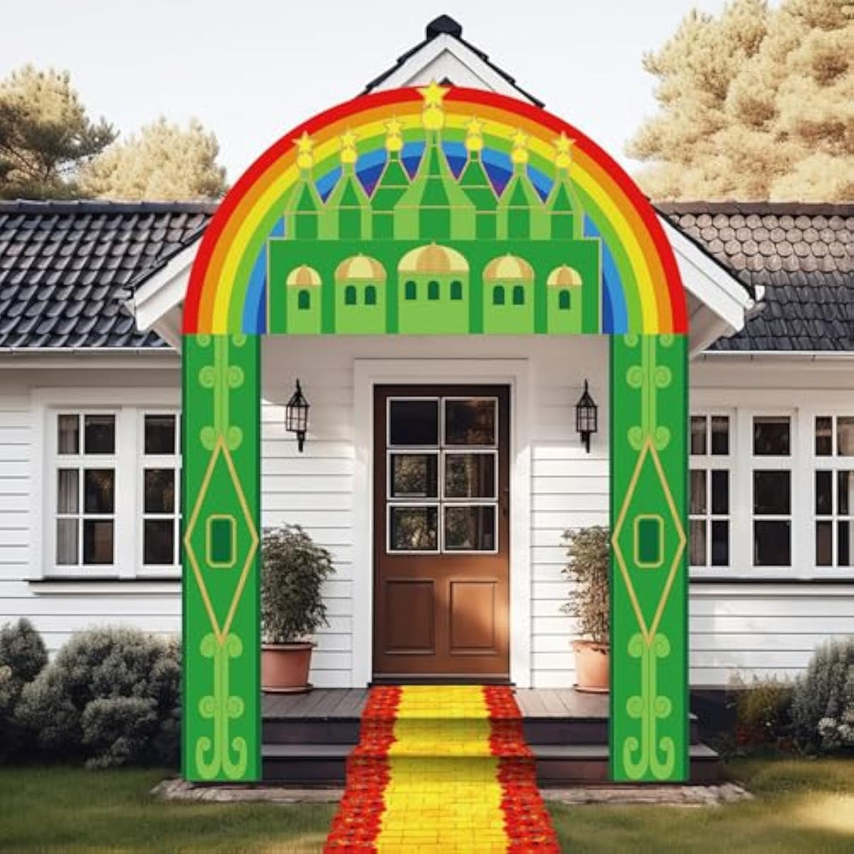 4-piece emerald green castle banner with yellow brick runner for party decor