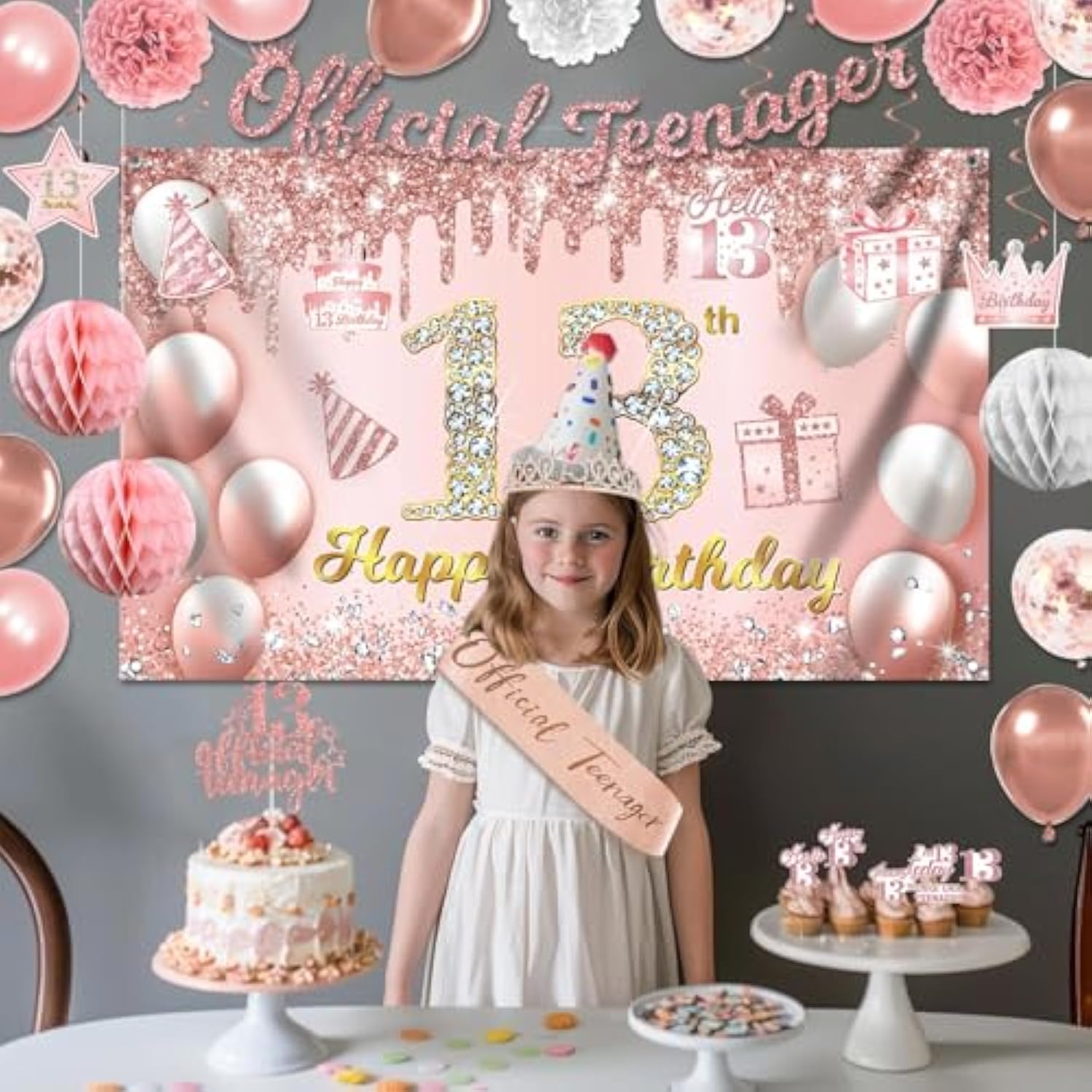 13Th Birthday Decorations For Girls, 13 Birthday Girl Decorations Include Official Teenager Decorations Banner, Backdrop, Hanging Swirls, Balloons, Paper Pompoms, Crown And Sash