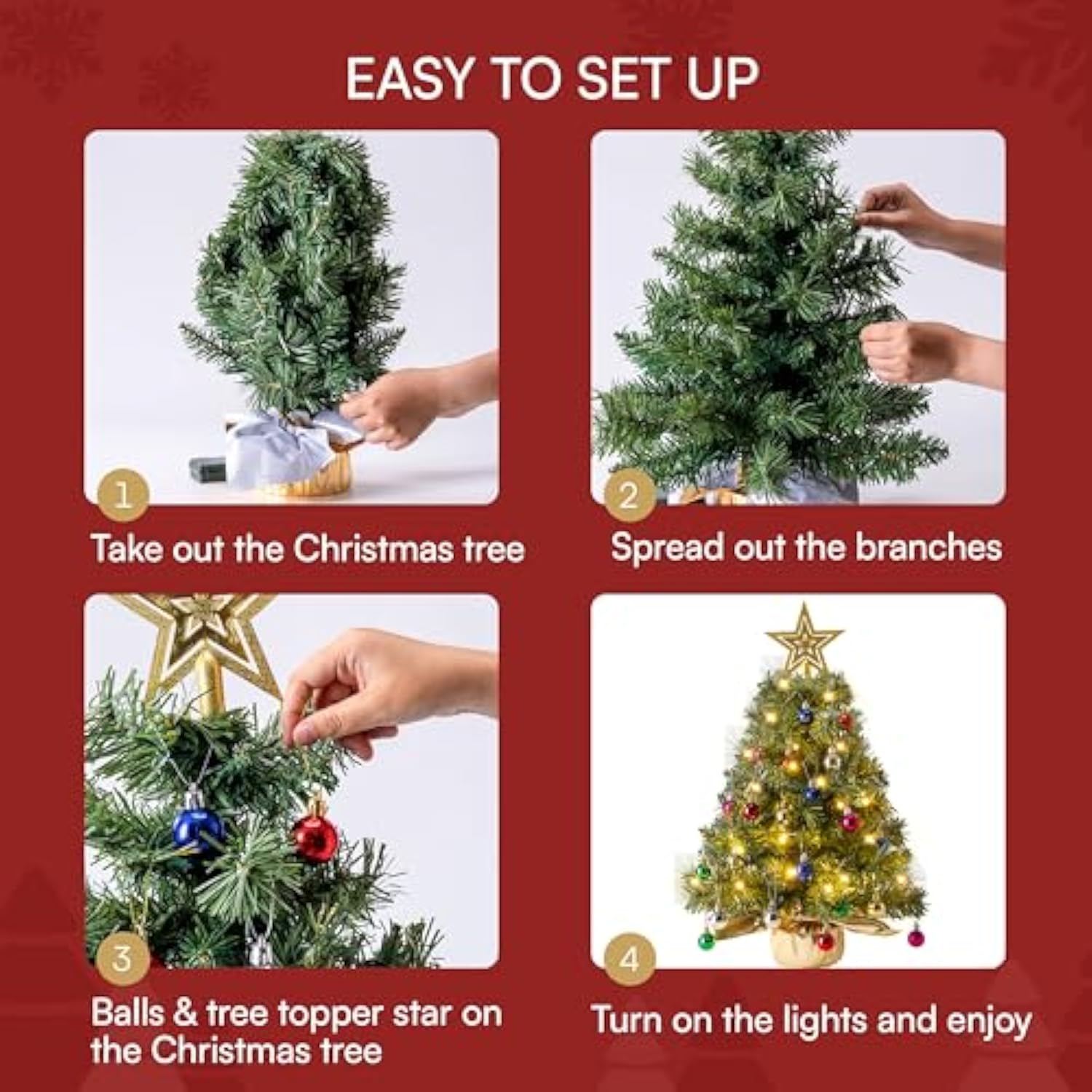 24"/2Ft Small Tabletop Christmas Tree With Lights With Star Treetop And Hanging Ornaments, Pre-Lit Artificial Christmas Green Led Mini Tabletop Tree For Xmas Decorations Indoor Outdoor