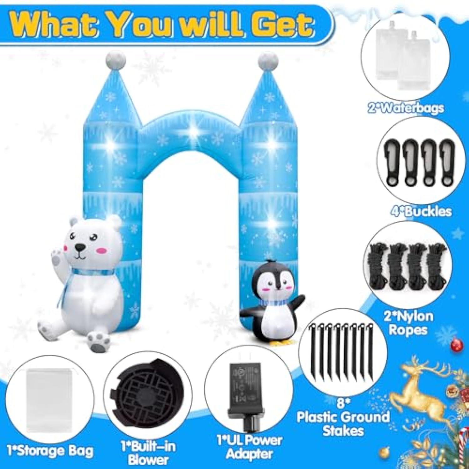 10Ft Christmas Penguin Polar Bear Inflatable Arch Outdoor Decoration Snowflake Castle Blow Up Yard Decorations With 7 Li