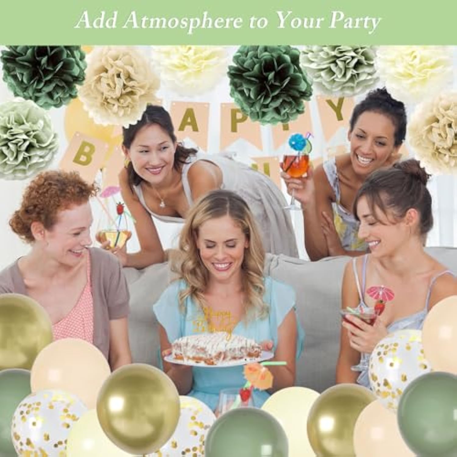 Sage Green Birthday Set with Gold Balloons, Banner & Neutral Safari Decor