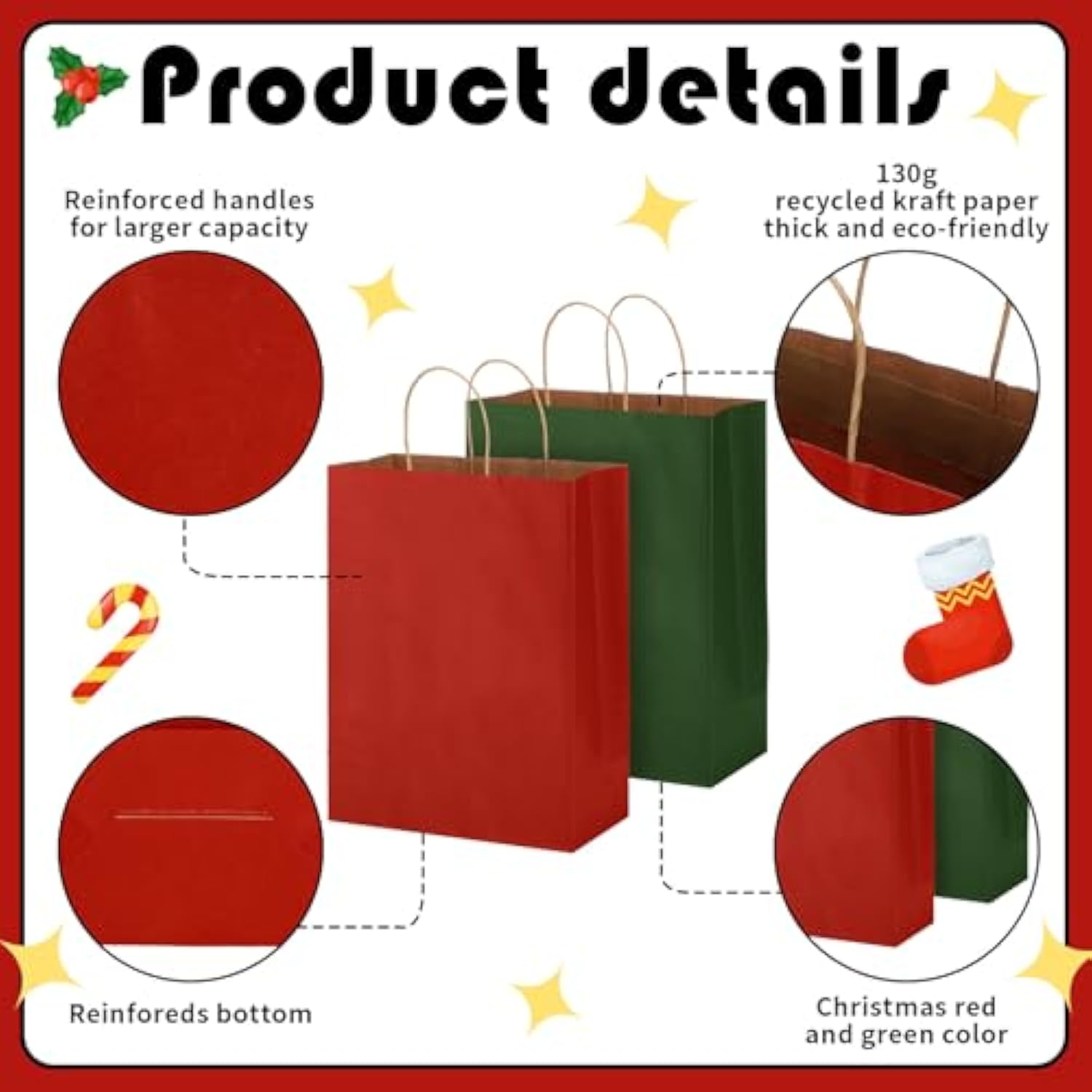 100 Pcs Red And Green Christmas Gift Bags Kraft Paper Bags With Handles Holiday Gift Bags For Wedding Baby Shower Bridal Shower Shopping Party Favor Business(13 X 10 X 5 Inch)