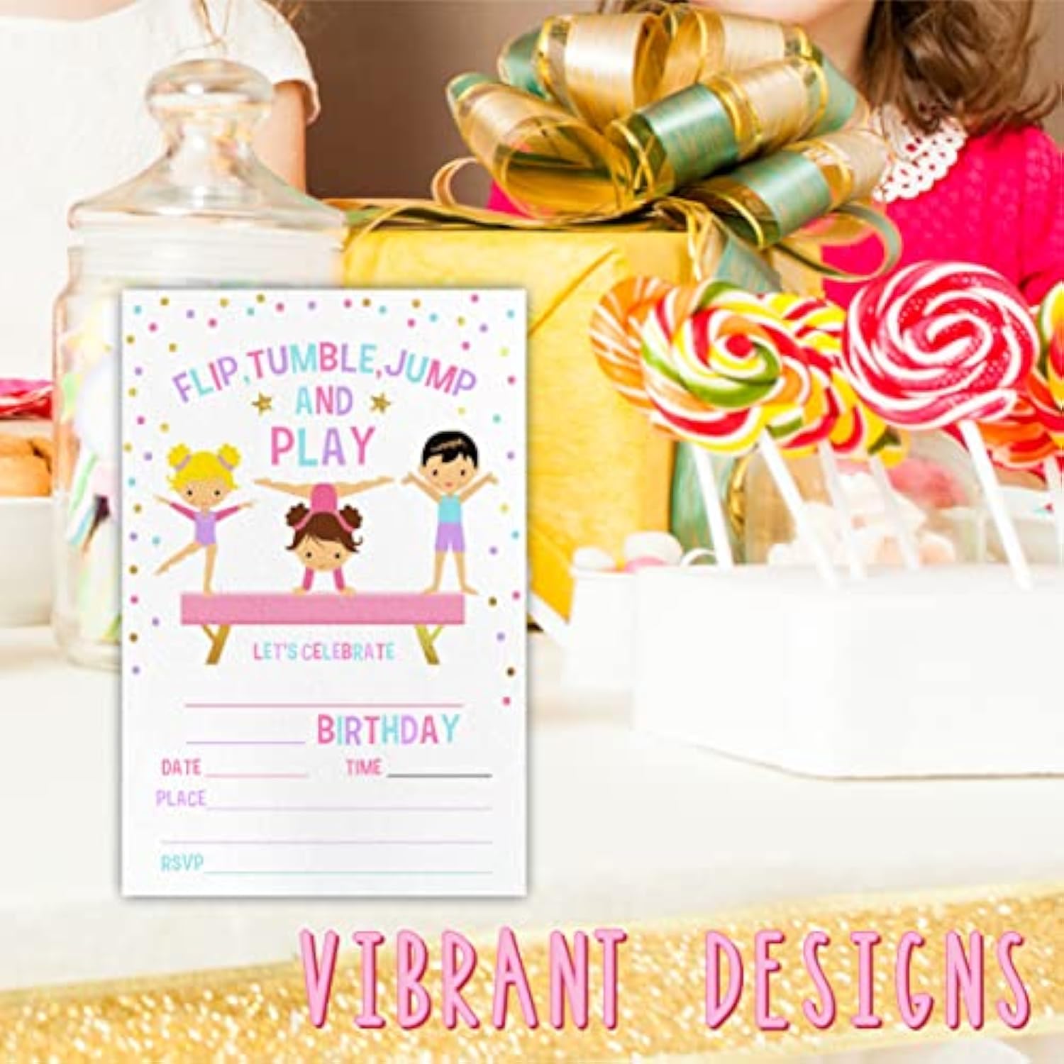 Gymnastics Birthday Party Invitation?Flip, Tumble, Jump Party Invitations For Kids, Teen, Boys & Girls?20 Double-Sided Fill In Style Invites With Envelopes-Party Favors Decoration And Supplies-Yqk-C02
