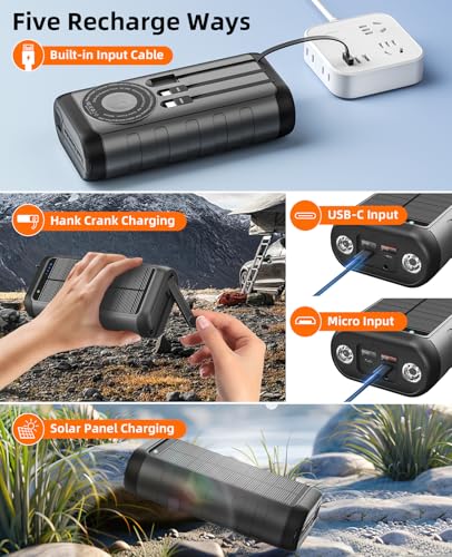 Solar Charger Power Bank 59800mAh, Outdoor Waterproof Battery Pack, 3 Built in Cables & Hand Crank, 6 Outputs, 15W Wireless Charging, Emergency LED
