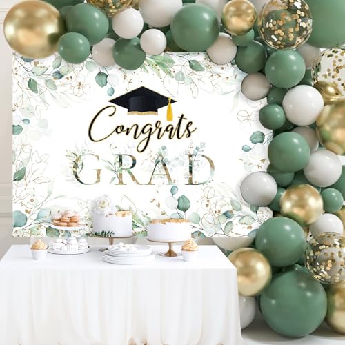 Greenery Graduation Backdrop 7x5ft - Congrats Grad Class of 2026 Graduate Party Background, Green Golden Leaves Graduation Party Decorations Photography Background