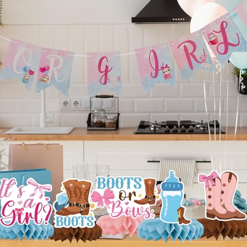 Boots or Bows Gender Reveal Decorations - 8PCS Boots or Bows Honeycomb Centerpieces, Boy or Girl Gender Reveal Decorations, Western Rodeo Wild West Cowgirl or Cowboy Baby Shower Party Deco