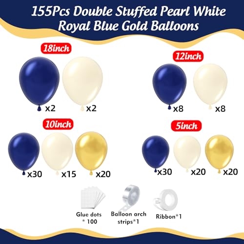 Navy Blue Gold Balloon Arch Kit 155pcs, Double Stuffed Pearl White Royal Blue Chrome Gold Garland Kit for Birthday 2026 Graduation Prom New Year Baby Shower Engagements Wedding Party Decor