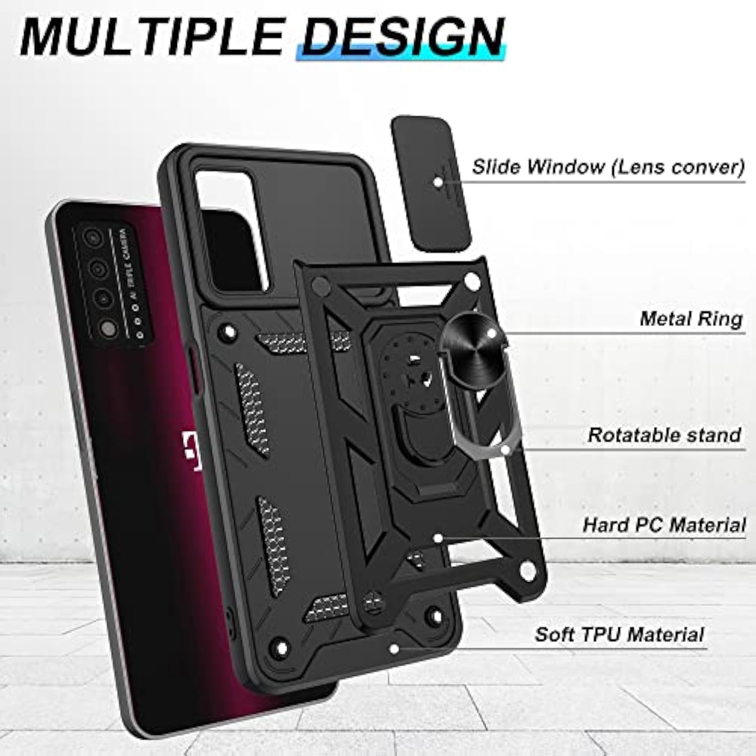 For T-Mobile Revvl V Plus 5G Case With Hd Screen Protector With Slide Camera Cover, 360° Rotation Ring Kickstand [Military Grade] Protective Case For T-Mobile Revvl V Plus 5G,Black