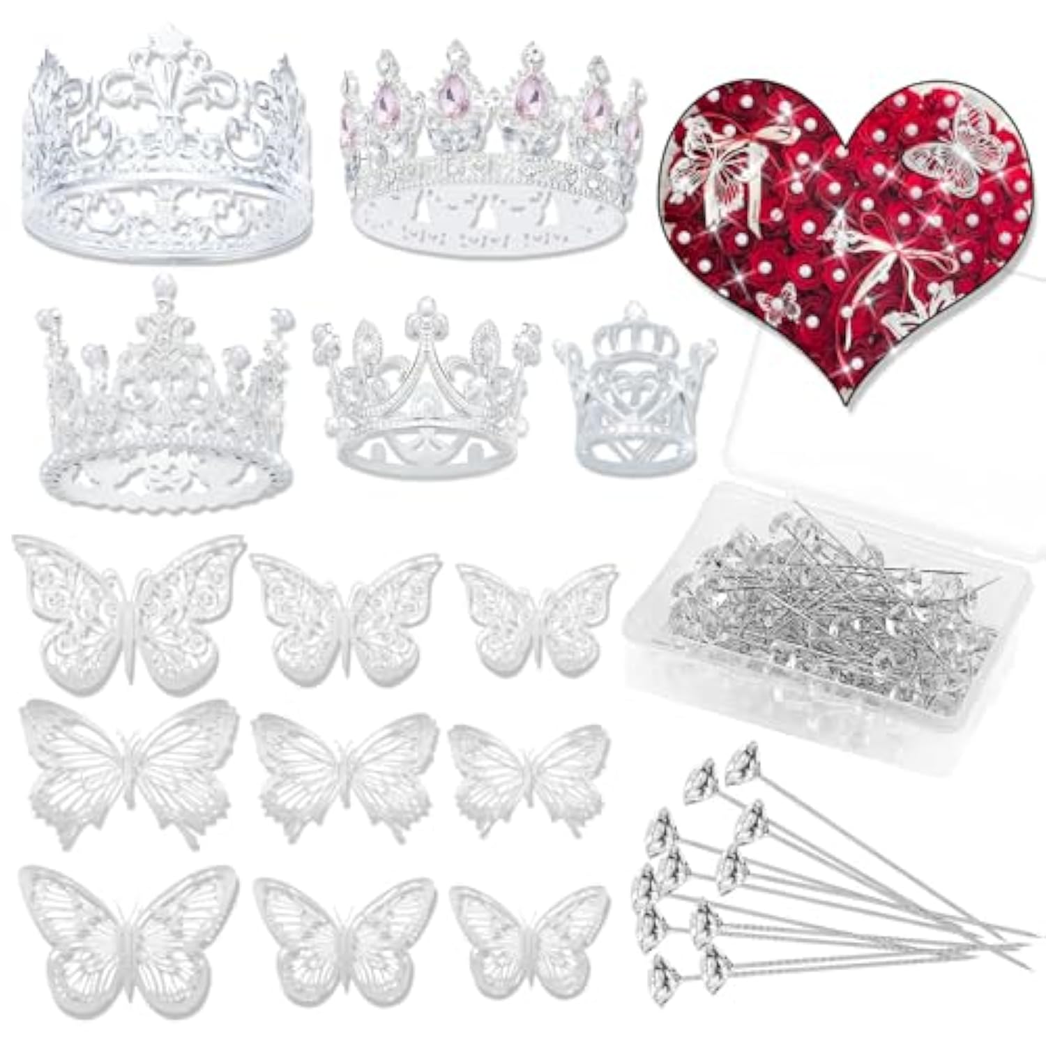 Flower Bouquet Accessories & Crowns For Flower Bouquets, Including 5 Pcs Cake Mini Crown Topper, 36 Pcs Butterfly Decorations&100 Pcs Flower Pins (Silver)