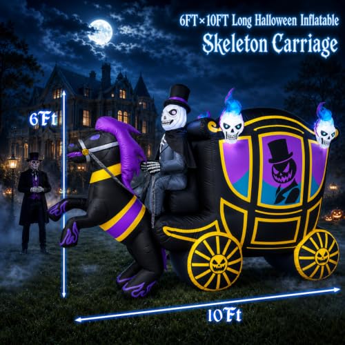 10FT Long Halloween Inflatable Decorations Outdoor Skeleton Carriage & Horse with Bright Built-in LEDs, Giant Halloween Blow Up Yard Decoration Large Blowups with Creepy Spooky for Lawn Party