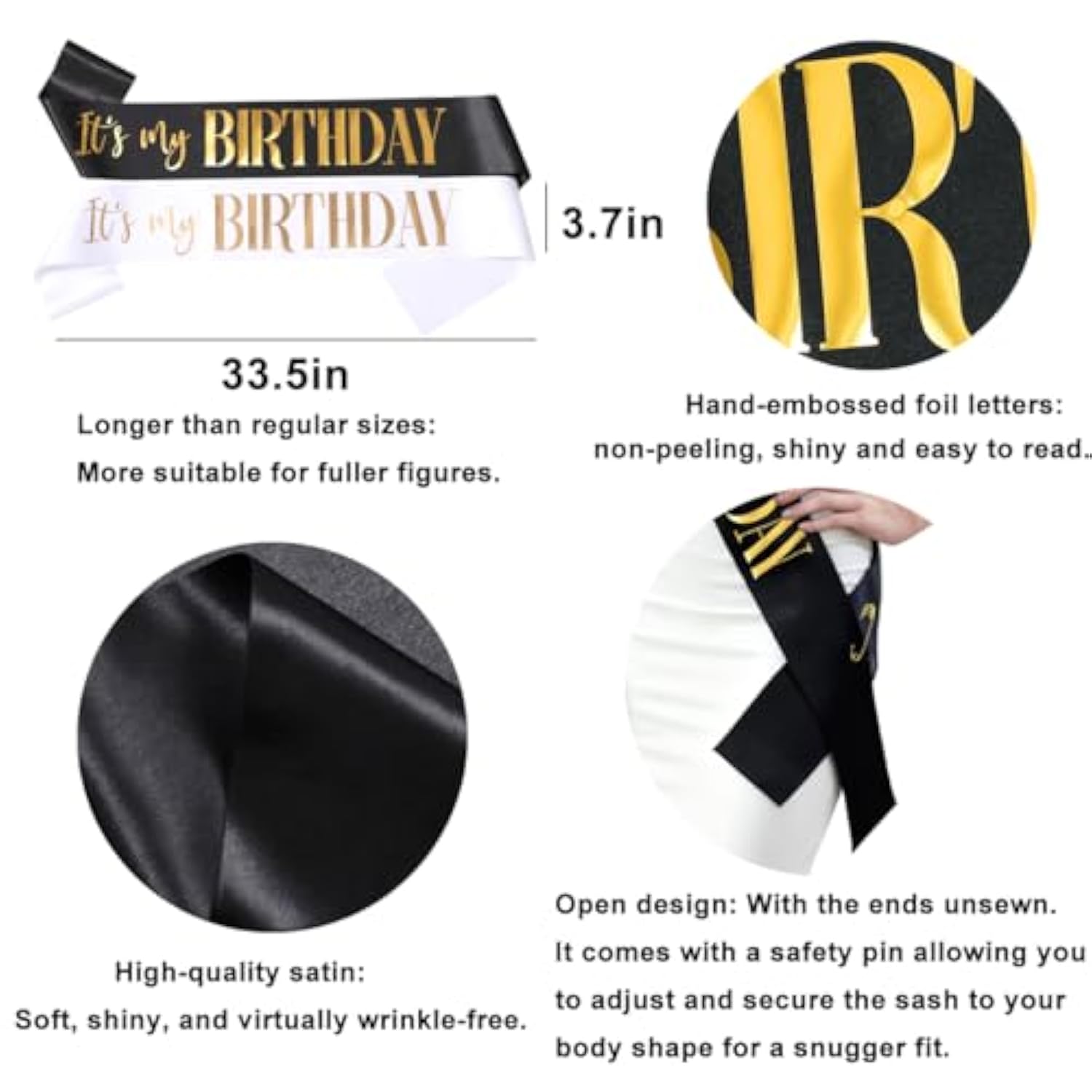 2 Pack It'S My Birthday Sash For Women Men Adult Girls Kids Happy Birthday Decorations Accessories Gifts Black And White Sashes With Gold And Rose Gold Lettering