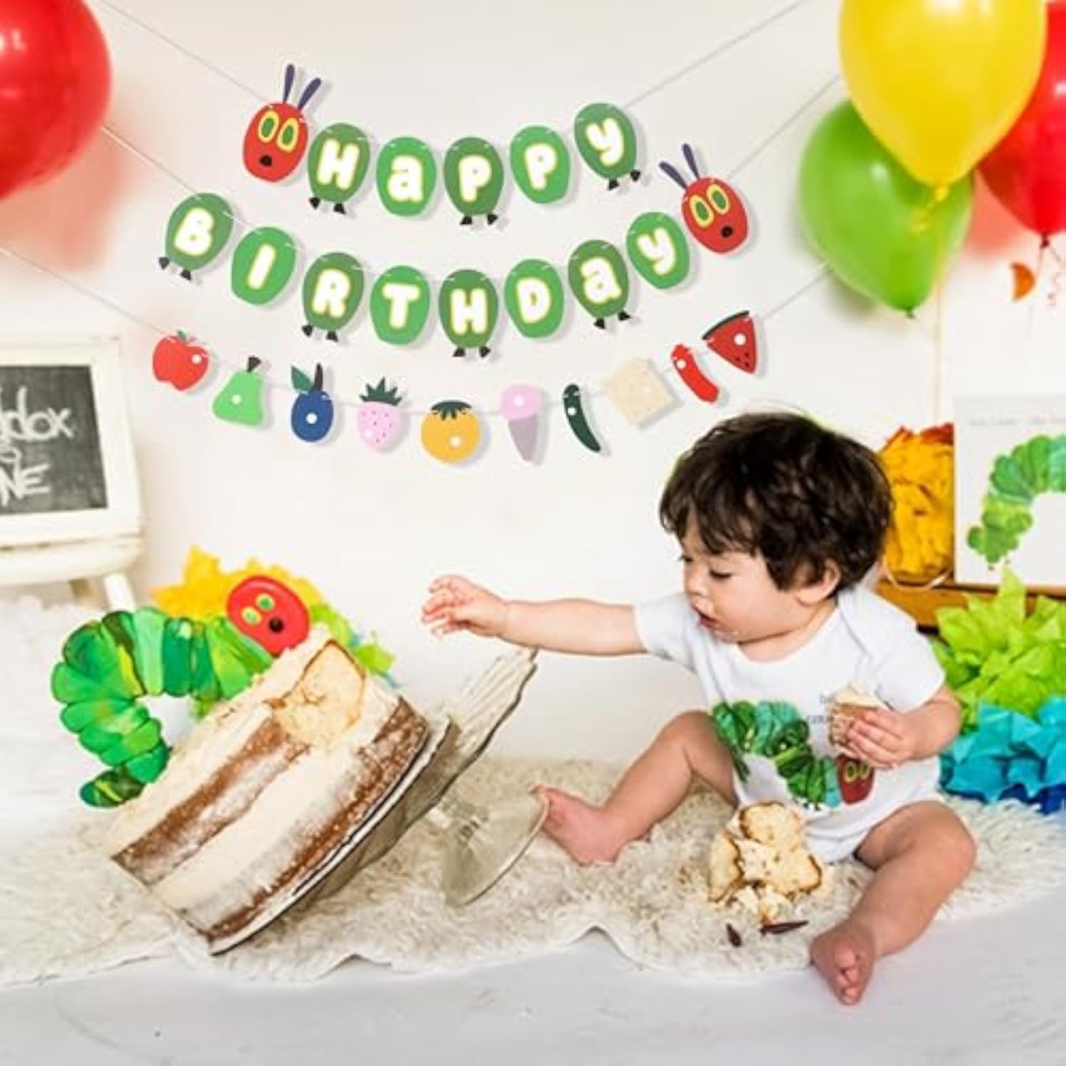 Hungry Caterpillar Birthday Banner & Decor Set – Fruit Garland and Cake Smash Props