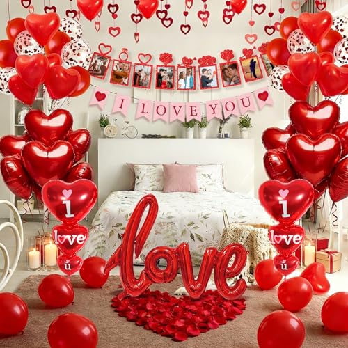 Red Valentines Day Decorations Set with I LOVE YOU Banner and Balloons, Photo Banner,Heart Hanging Decor and Red Heart Balloons with Rose Petals for Weddings,Valentine's Day and Anniversaries