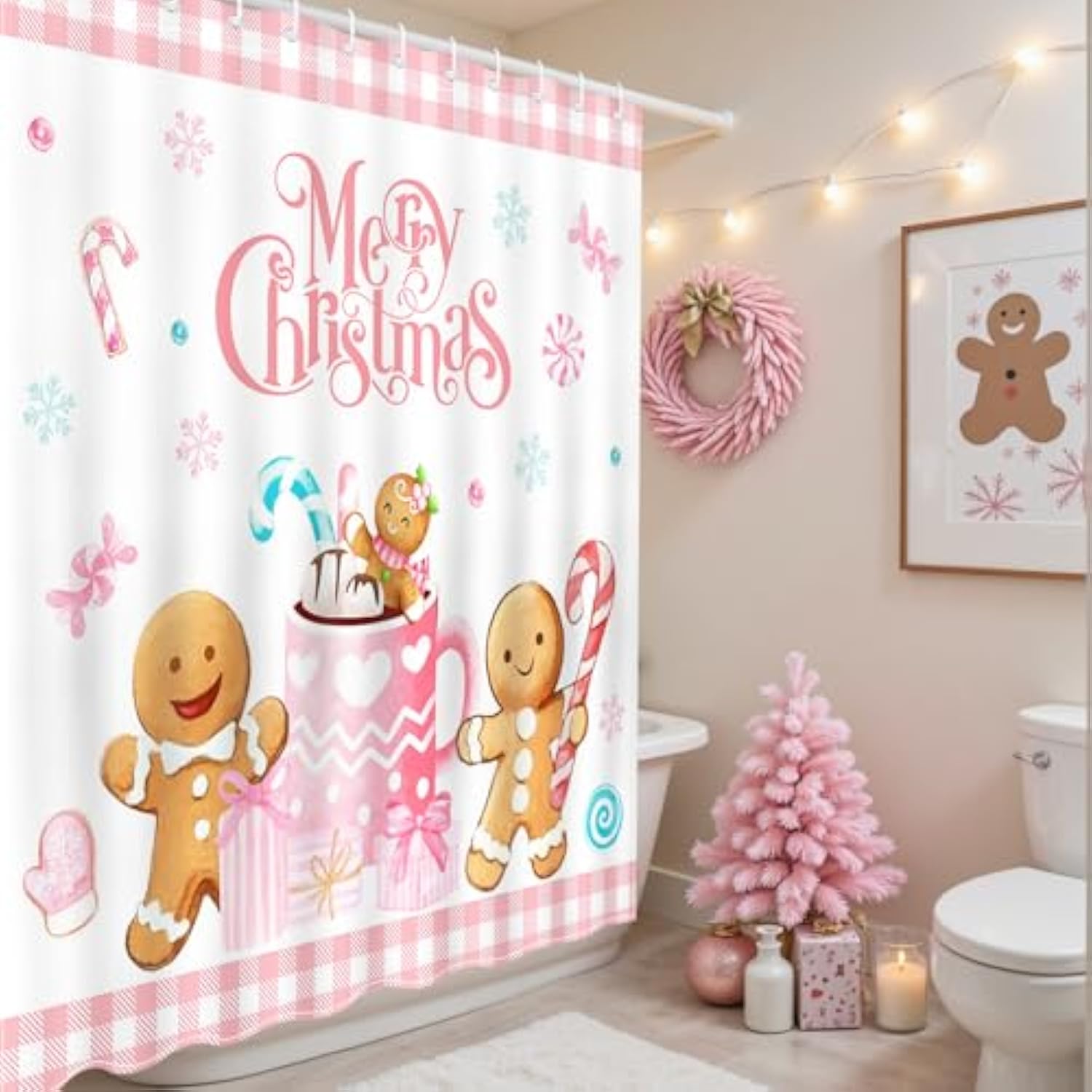 Merry Christmas Shower Curtain Pink Checked Cute Gingerbread-Man Shower Curtain With 12 Hooks Winter Snowflake Xmas Candy Bath Curtain For Christmas Kids Bathroom Decor, 72 X 72 Inch