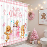 Merry Christmas Shower Curtain Pink Checked Cute Gingerbread-Man Shower Curtain With 12 Hooks Winter Snowflake Xmas Candy Bath Curtain For Christmas Kids Bathroom Decor, 72 X 72 Inch