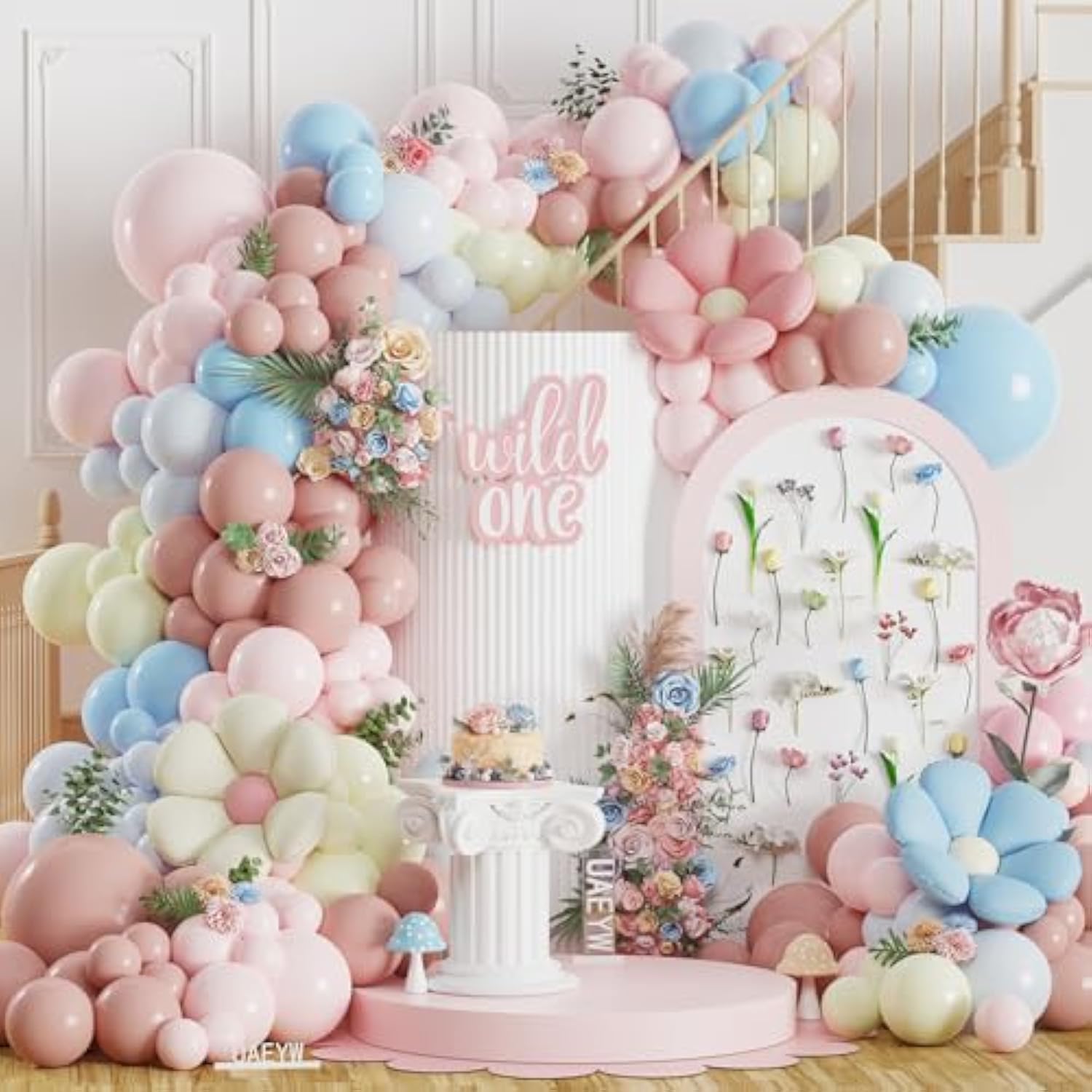 Spring Wildflowers Balloon Arch Kit 153Pcs Pastel Pink Blue Balloon Garland Kit, Daisy Flower Foil Balloons For Birthday Baby In Bloom Baby Shower Bridal Shower Wedding Wild One Party Decorations