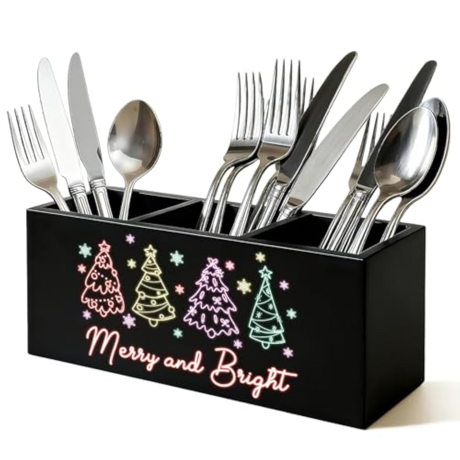 Neon Christmas Tree Kitchen Utensil Holder, Merry And Bright Xmas Cooking Utensil Holder Wooden Storage Organizer Box For Kitchen Counter, Girly Christmas Decor