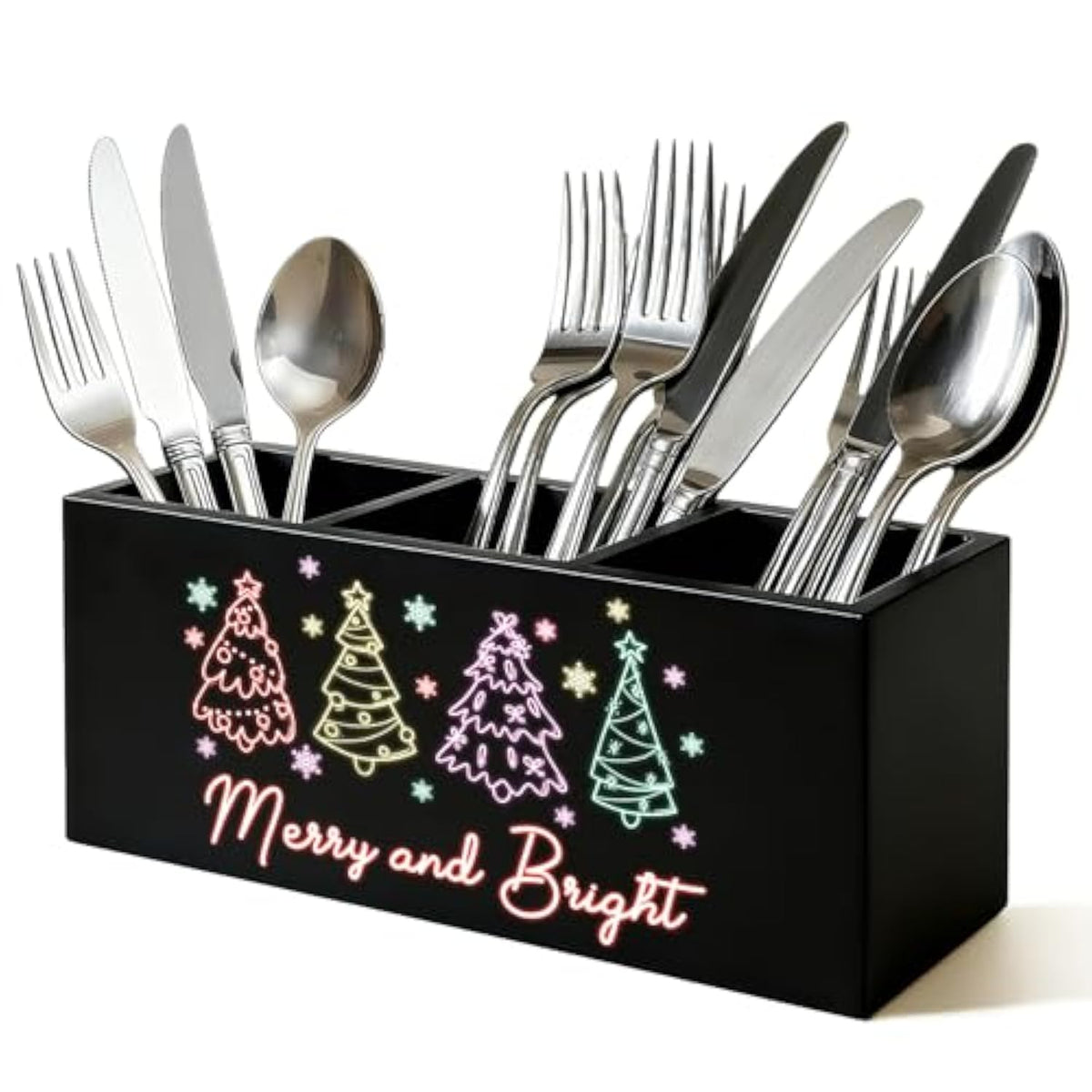 Neon Christmas Tree Kitchen Utensil Holder, Merry And Bright Xmas Cooking Utensil Holder Wooden Storage Organizer Box For Kitchen Counter, Girly Christmas Decor