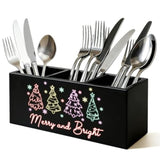 Neon Christmas Tree Kitchen Utensil Holder, Merry And Bright Xmas Cooking Utensil Holder Wooden Storage Organizer Box For Kitchen Counter, Girly Christmas Decor
